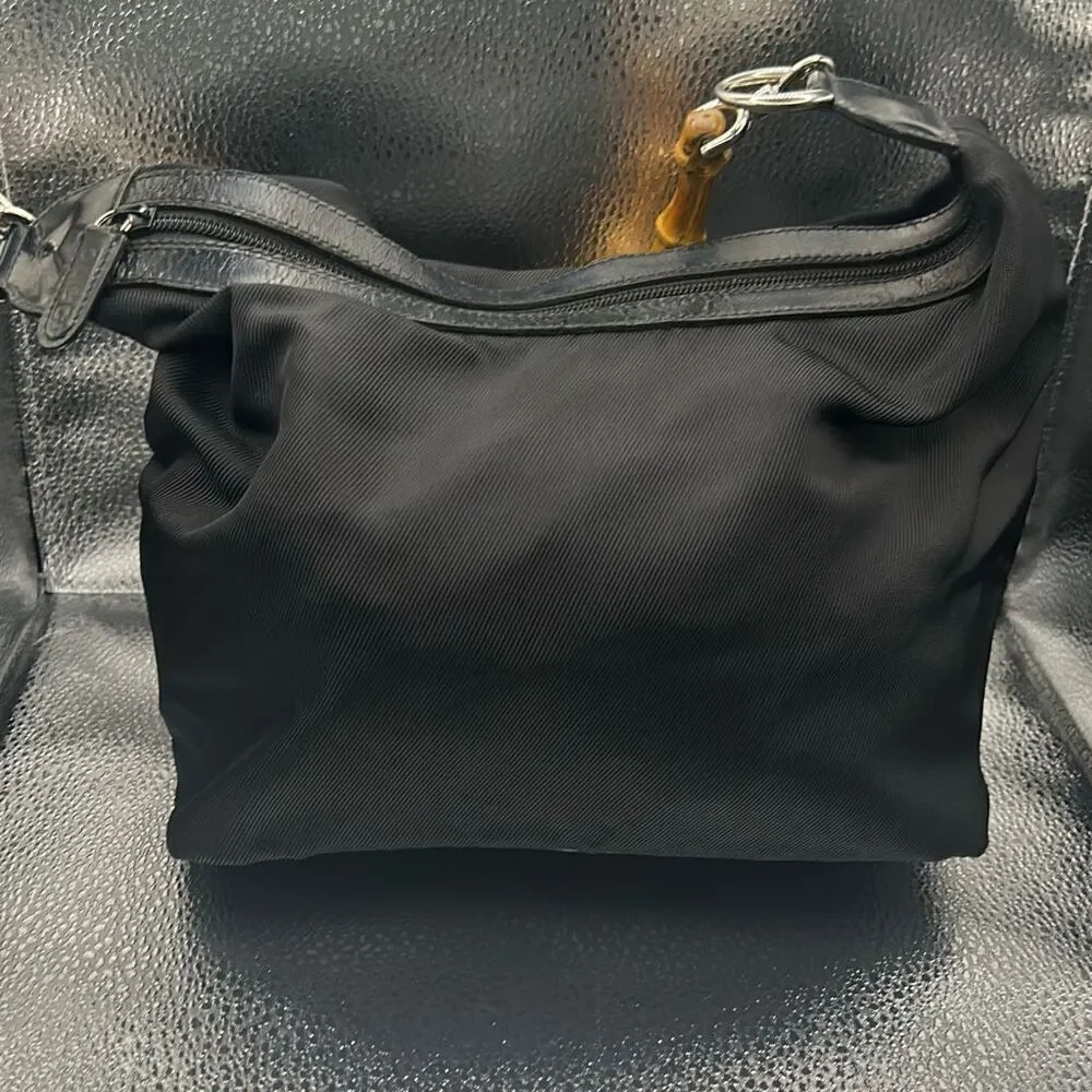Gucci Nylon Shoulder Bag With Bamboo Strap Black Iconic Summer Tropical Luxury - Picture 3 of 13